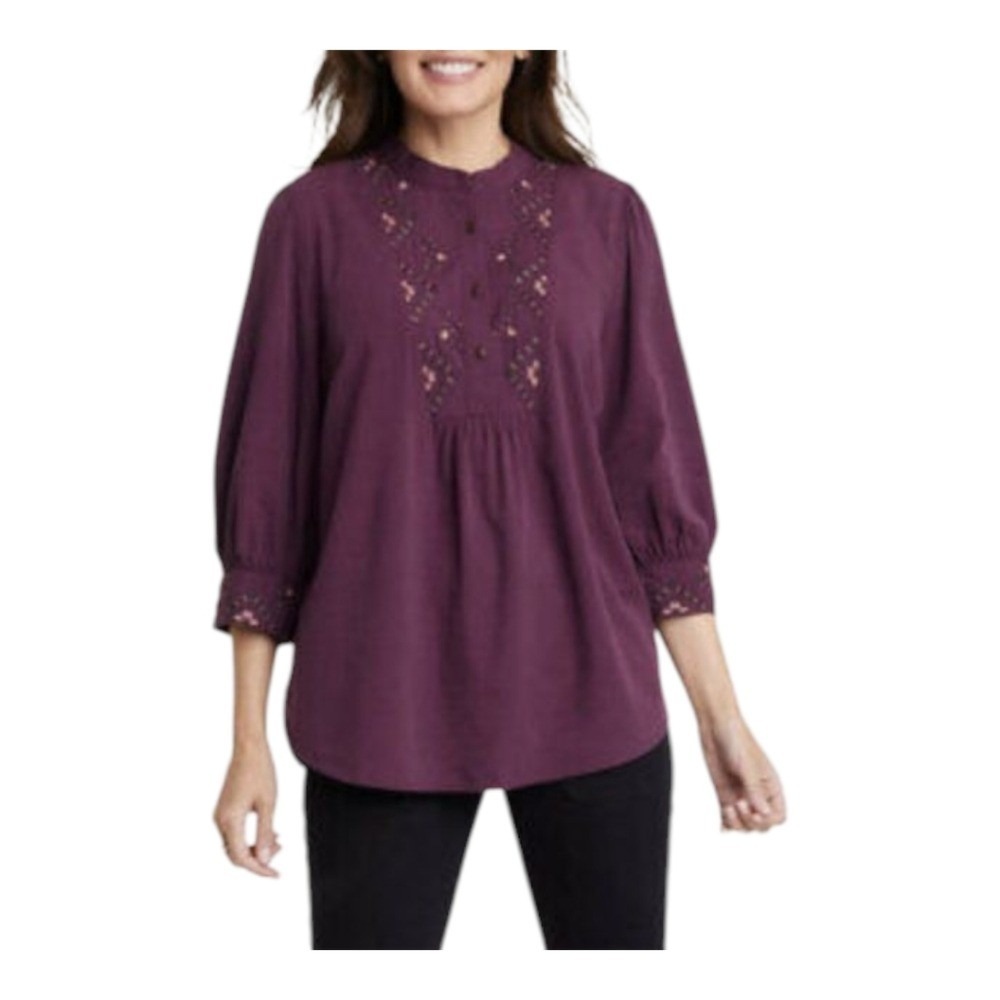 Knox Rose Womens Purple Henley Blouse L Embroidered Boho Peasant 3/4 Puff Sleeve
